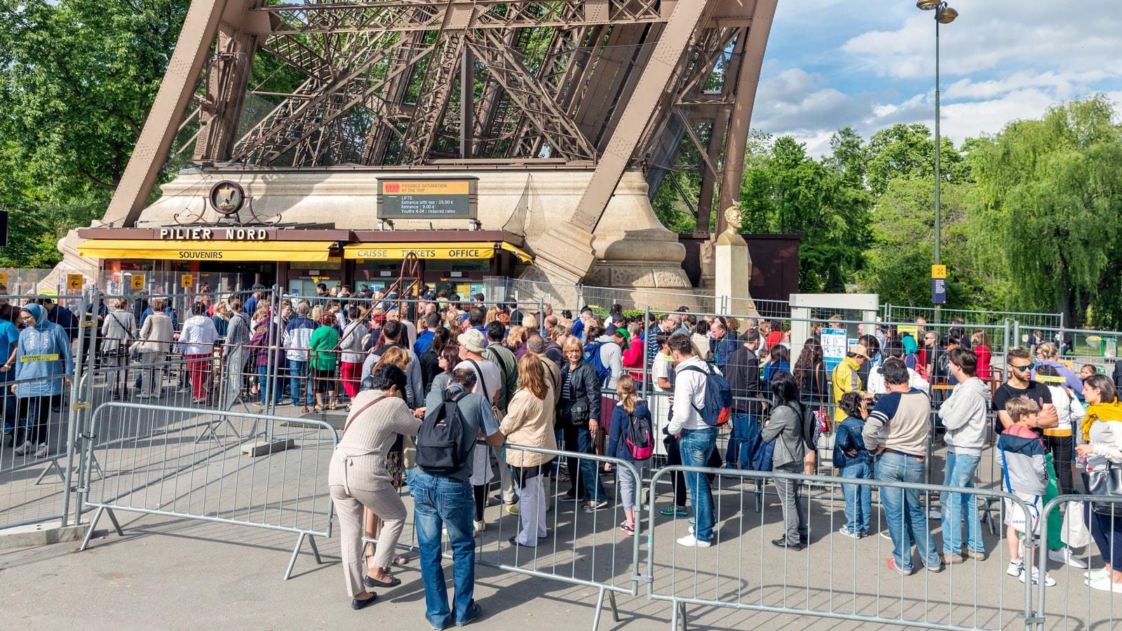 Nombreux touristes au pieds de la Tour Eiffel à Paris